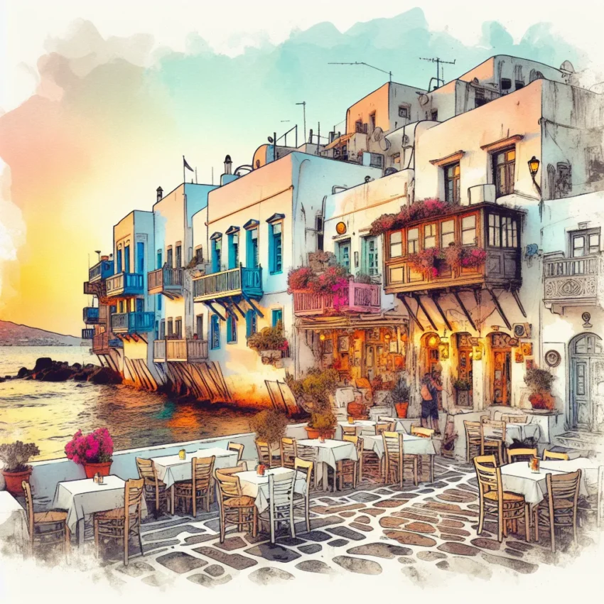Coucher de soleil sur les maisons colorées de la Petite Venise à Mykonos
