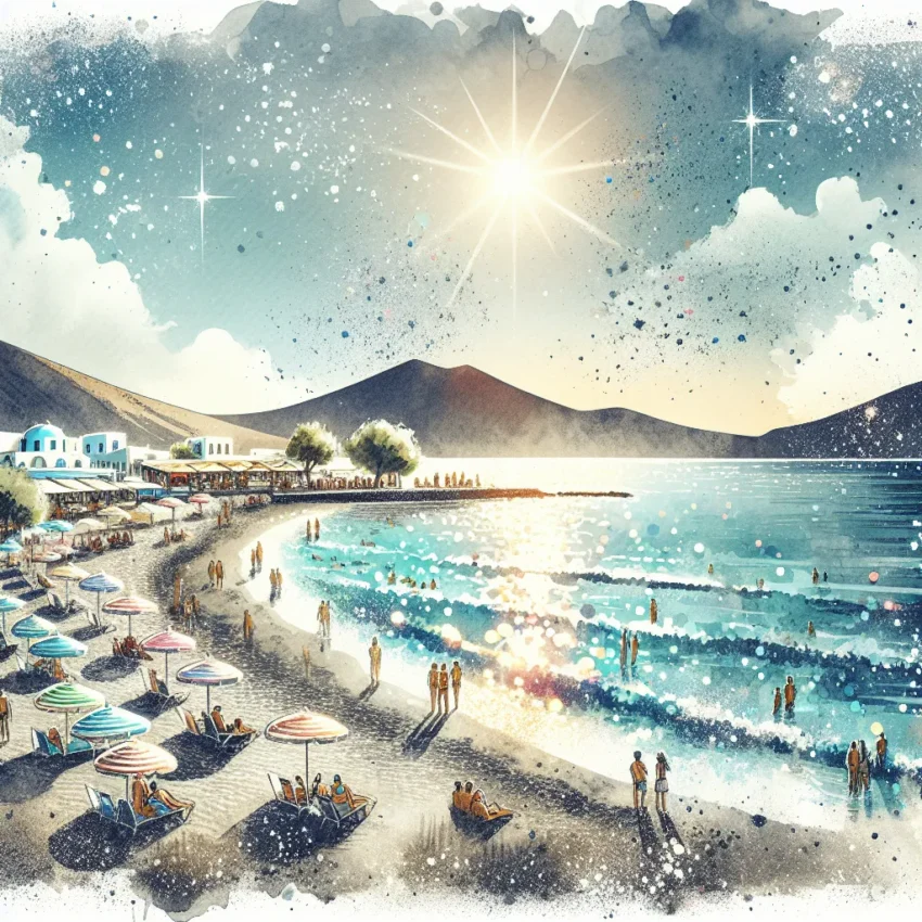 Plage de Kamari à Santorin avec son sable noir et ses eaux turquoise sous le soleil éclatant