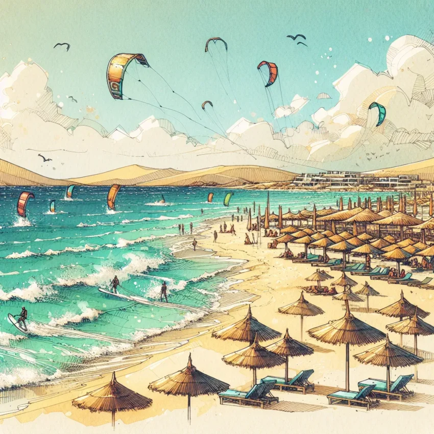 Plage de Golden Beach à Paros avec des planchistes et des eaux turquoise sous un ciel ensoleillé.