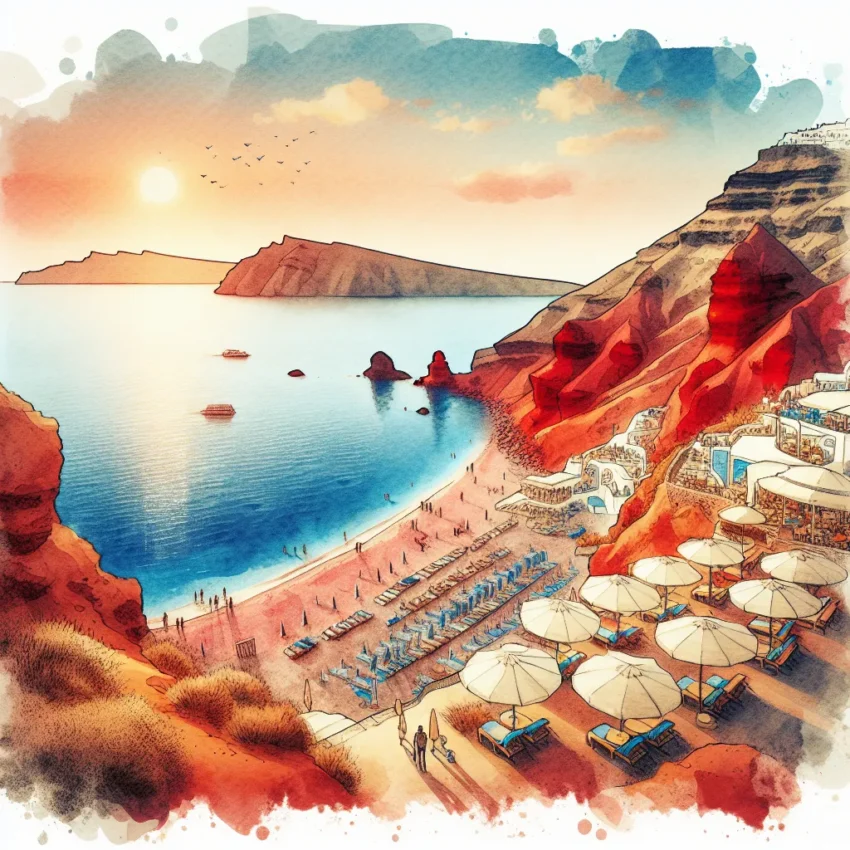 Plage Rouge de Santorin au coucher de soleil avec falaises rouges et eaux cristallines