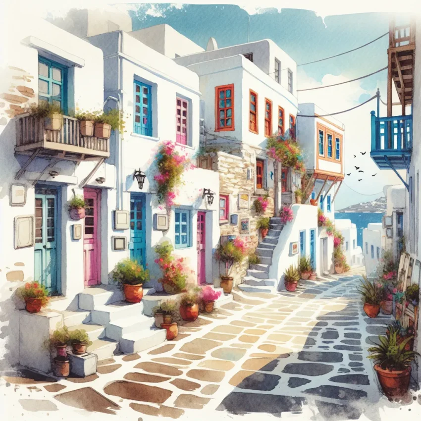 Ruelles pittoresques de Chora à Mykonos avec des maisons blanches et des fleurs colorées