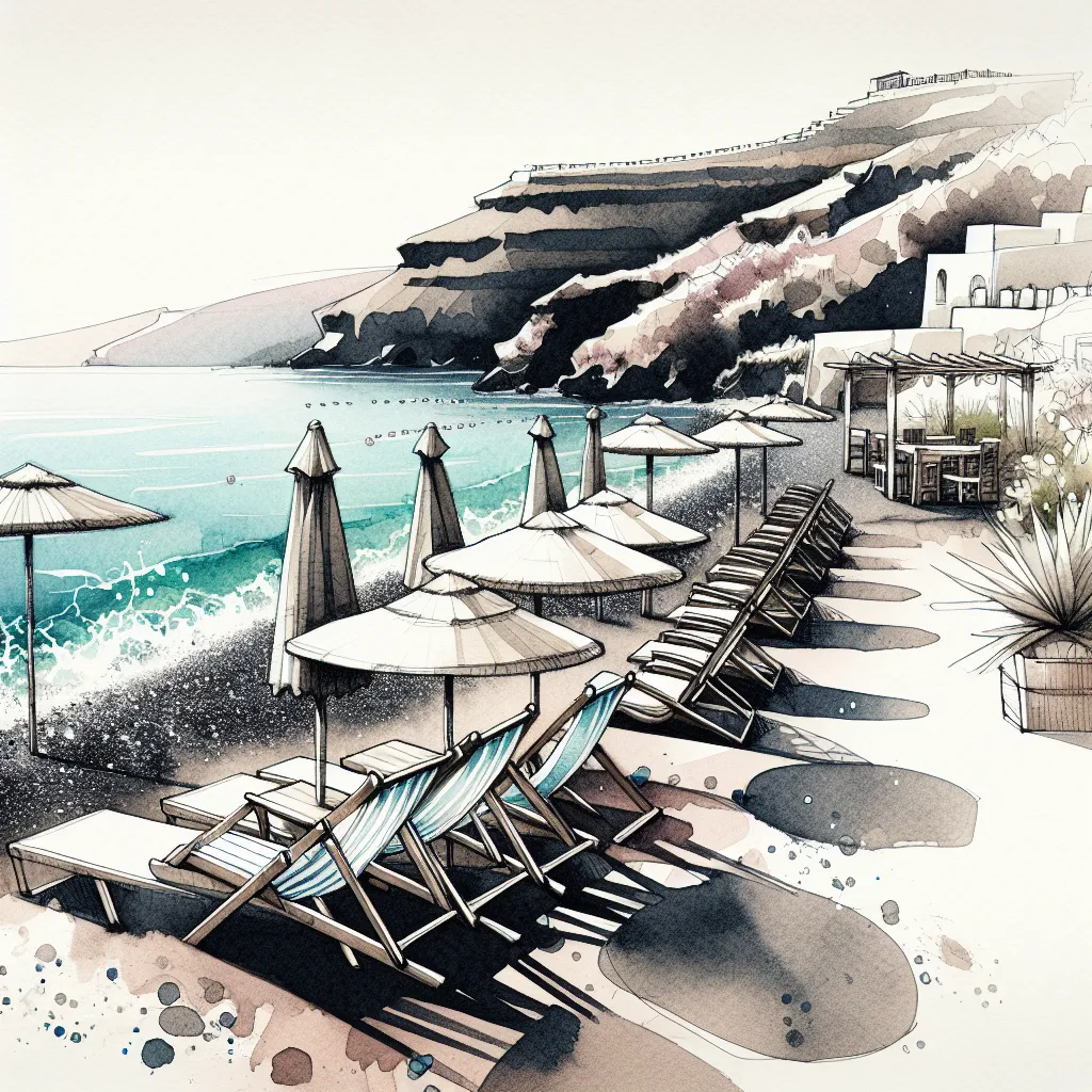 Plage de sable noir de Kamari avec des transats et des parasols sous un ciel bleu azur.