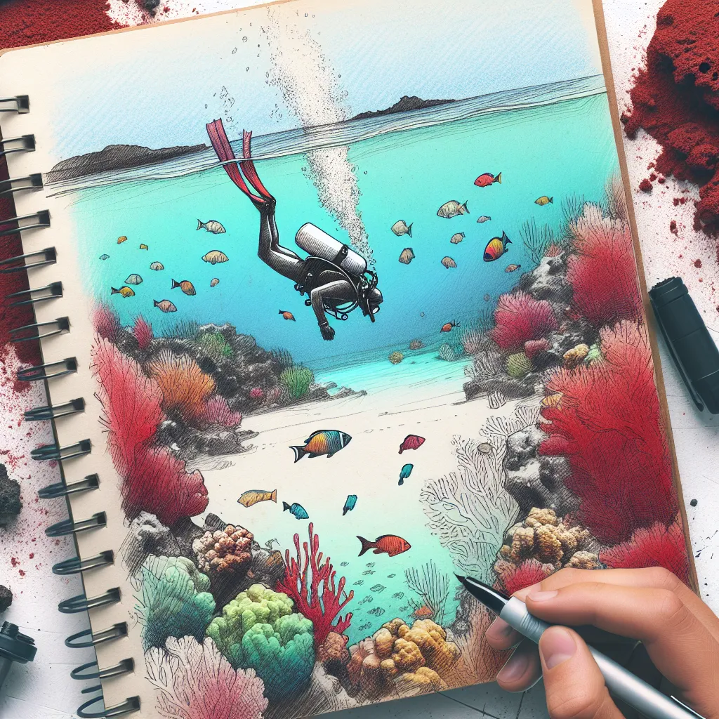 Plongée sous-marine à la plage Rouge de Santorin avec des poissons colorés et des formations rocheuses.