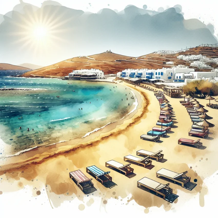 Plage de Paradise à Mykonos avec des eaux turquoise et des transats sous le soleil