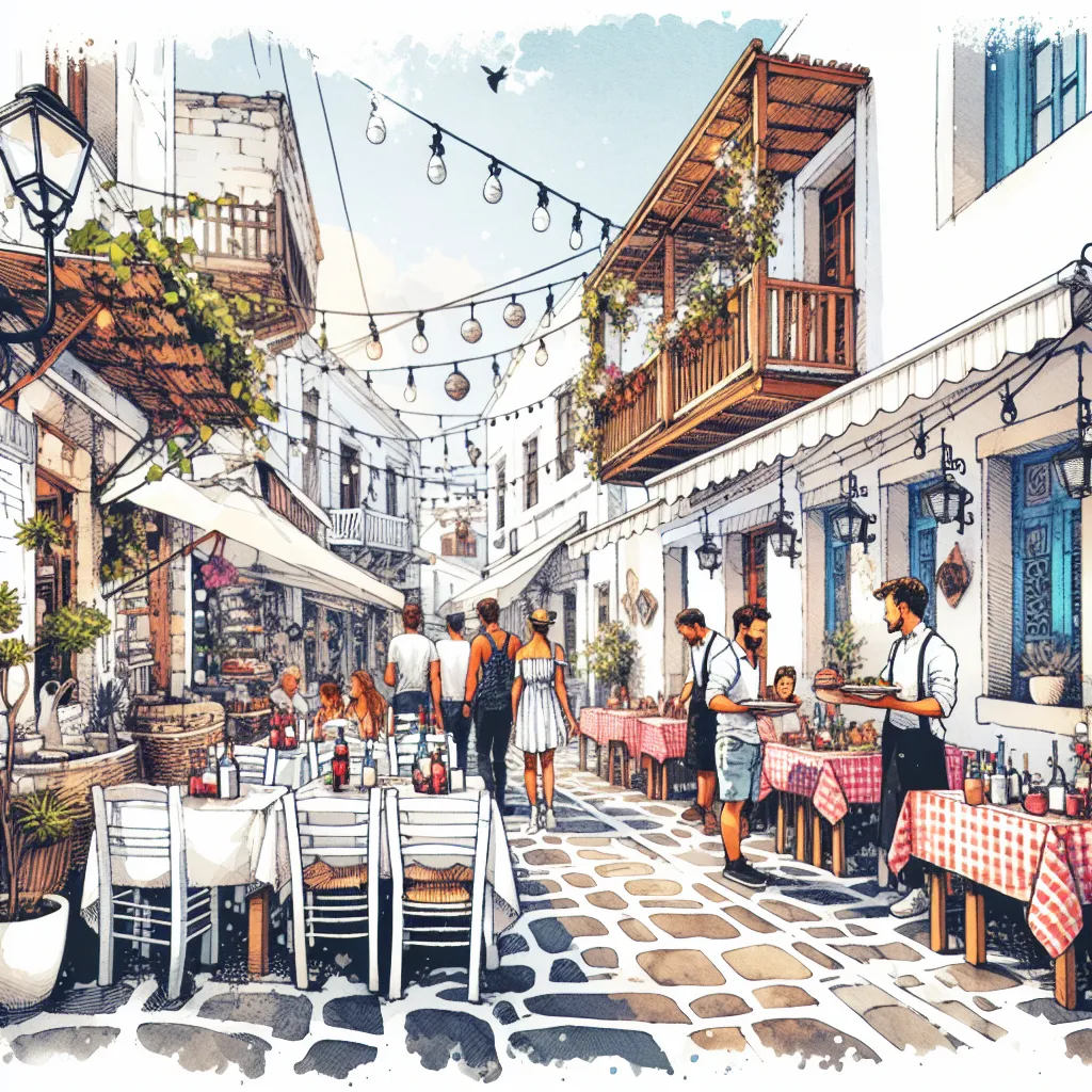 Une rue animée de Chora avec des restaurants et des boutiques, des gens qui mangent et se promènent.