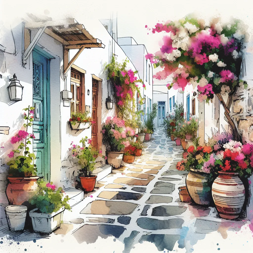 Une ruelle pittoresque de Parikia avec des maisons blanchies à la chaux et des bougainvilliers.
