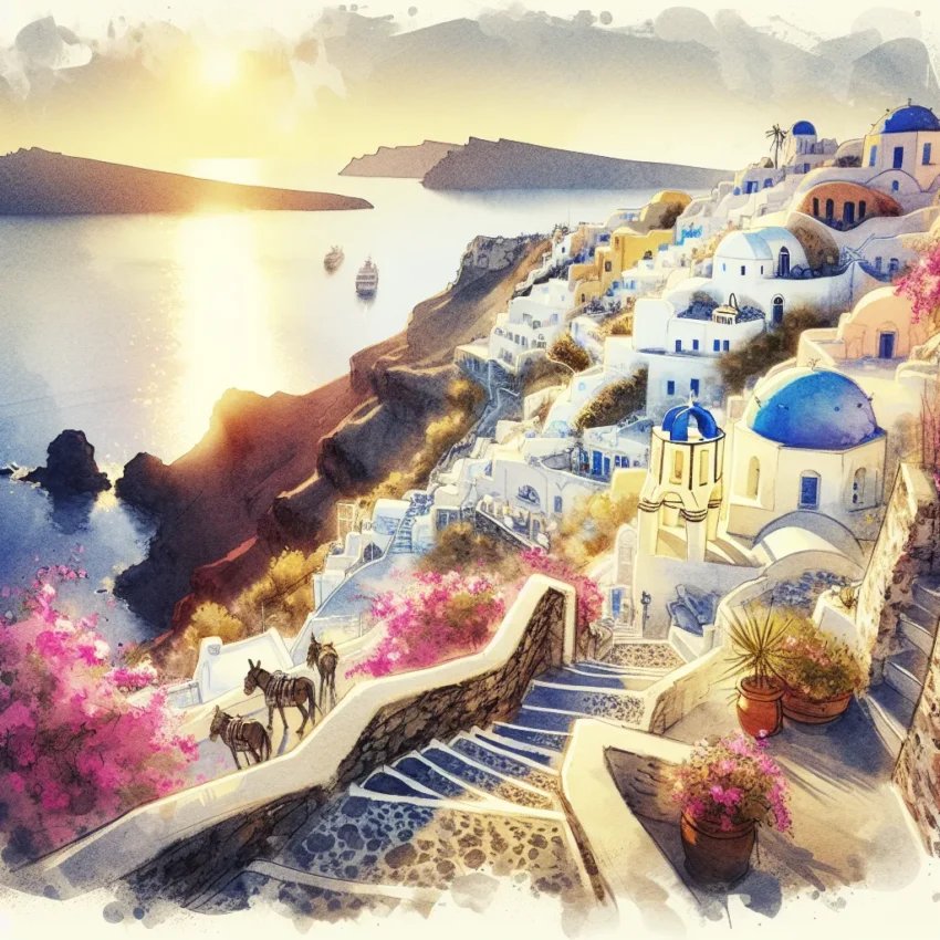Vue panoramique de la caldeira depuis Fira à Santorin avec des maisons blanches et des dômes bleus.