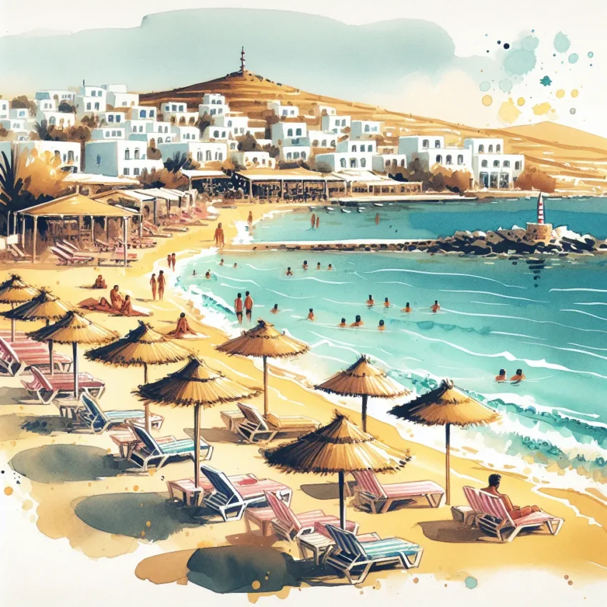 Plage de sable doré à Parikia, Paros, avec des eaux turquoise et des maisons blanches en arrière-plan