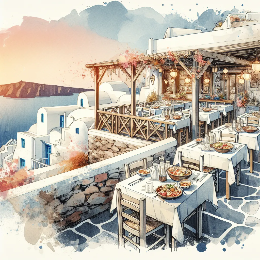Terrasse du restaurant Argo avec vue sur la caldera et plats traditionnels grecs.