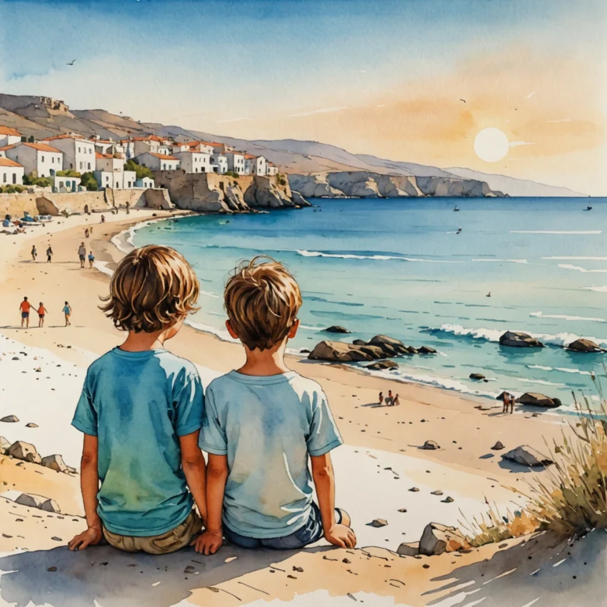 Enfant jouant dans l'eau turquoise d'une plage de sable doré près de Réthymnon, avec des palmiers et des falaises en arrière-plan sous un ciel bleu azur.