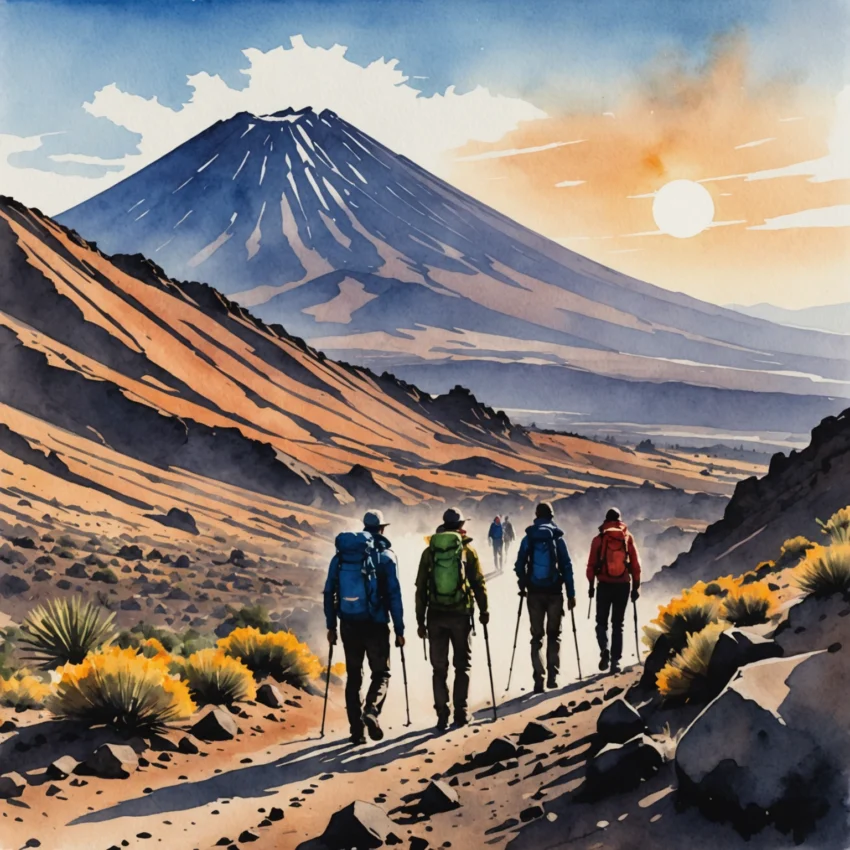 Randonneurs au lever du soleil sur les sentiers lunaires du Teide, avec le Pico enneigé en arrière-plan et des coulées de lave noires contrastant avec le ciel rose.
