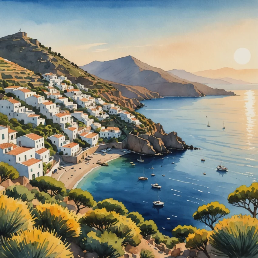 Coucher de soleil sur Filicudi avec les terrasses agricoles d'Alicudi en arrière-plan, Îles Éoliennes