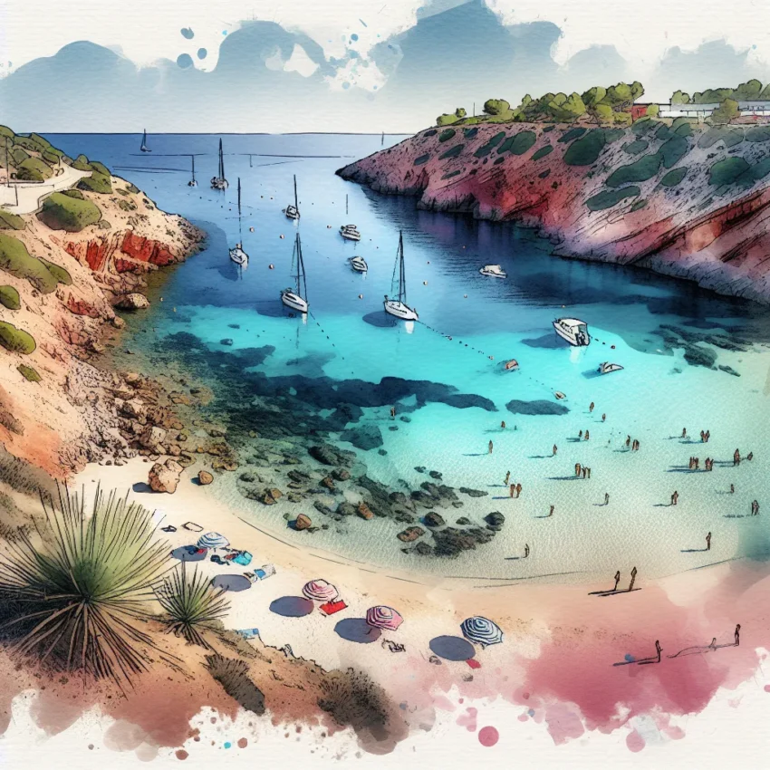 Vue aérienne des criques jumelles de Cala Macarella (falaises rouges) et Cala Turqueta (eaux turquoise) à Minorque, séparées par une langue de sable blanc et des pins parasols.