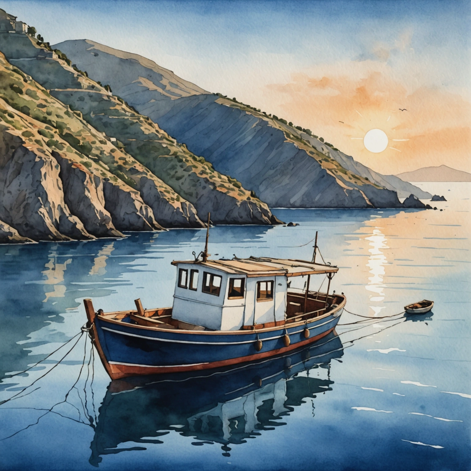 Bateau en bois traditionnel naviguant au coucher de soleil entre Lipari et Stromboli, passagers attablés