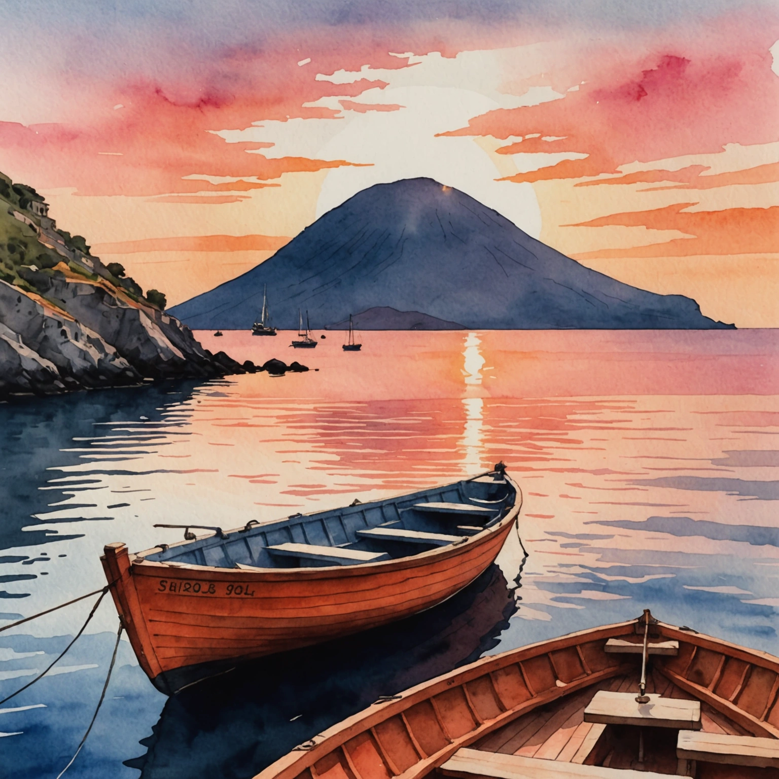 Bateau au coucher de soleil près de Stromboli avec éruptions de lave et reflets dorés sur l'eau