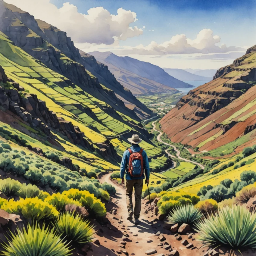 Randonneur contemplant le vallon de Valle Gran Rey depuis un sentier escarpé, entouré de bananeraies et de falaises, La Gomera.