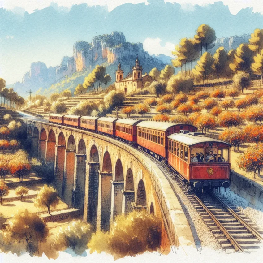 Train rouge de Sóller serpentant entre des vergers d'orangers en fleurs et les montagnes de la Serra de Tramuntana, Majorque.