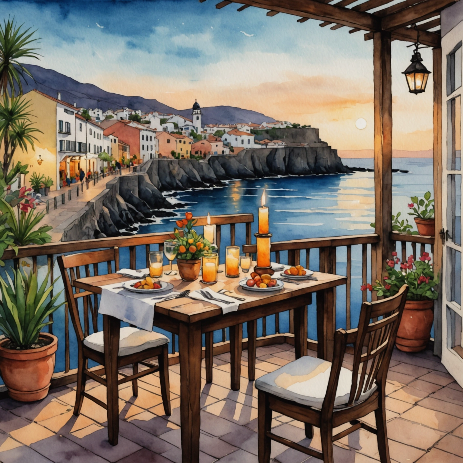 Table romantique dressée sur une terrasse en bois à Santa Cruz de La Palma, éclairée par des chandelles et des lanternes en fer forgé, avec vue sur les toits coloniaux et l'océan au loin.