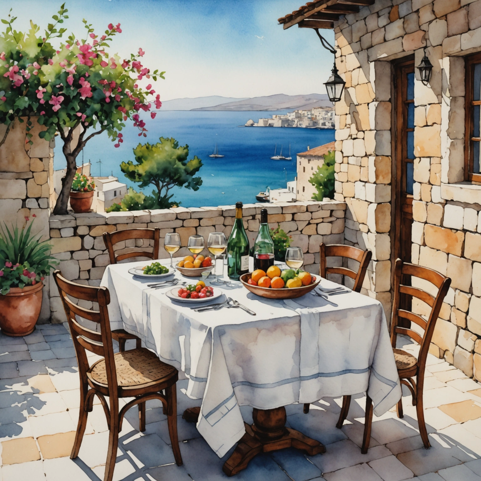 Table dressée pour un dîner romantique en terrasse avec vue sur la forteresse Koules éclairée, Héraklion