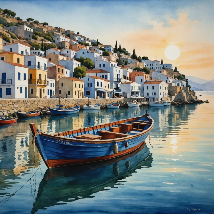 Bateau traditionnel grec quittant Agios Nikolaos à l'aube pour Spinalonga, avec les premières lueurs sur le lac Voulismeni