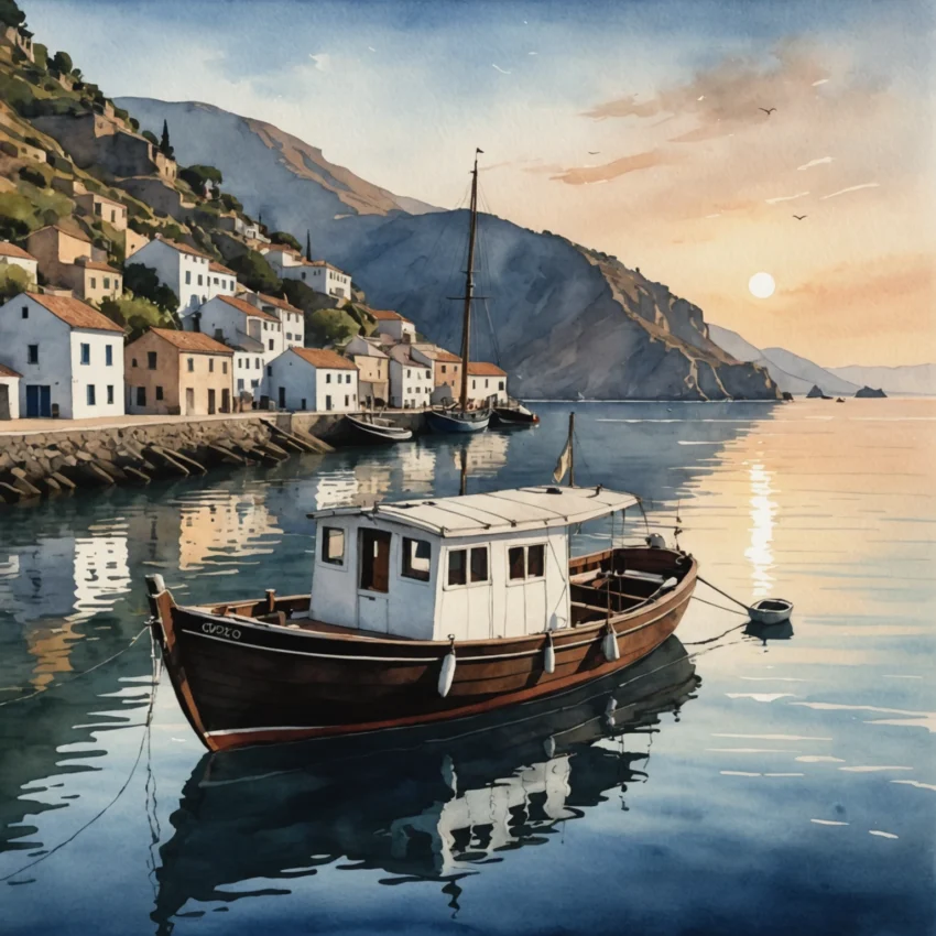 Bateau traditionnel naviguant au coucher de soleil devant Stromboli en éruption, Îles Éoliennes