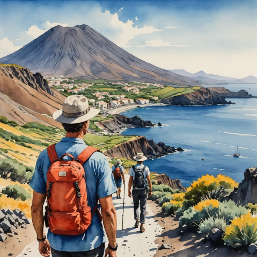 Randonneur au bord du Gran Cratere de Vulcano avec vue sur les fumerolles, et bains de boue des Fanghi en contrebas, Îles Éoliennes, Sicile.