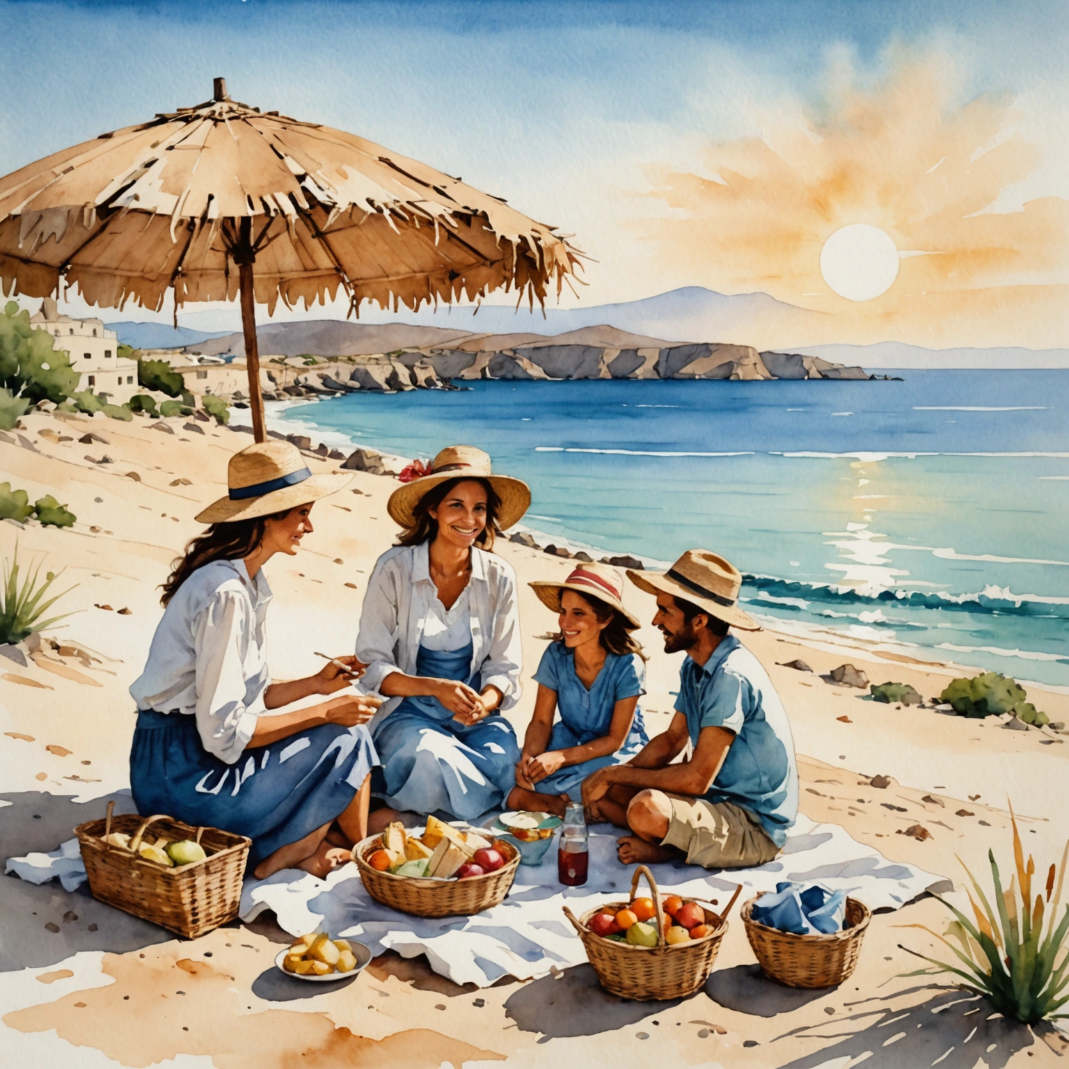Famille crétoise pique-niquant sur la plage de Falassarna au coucher du soleil avec parasol artisanal
