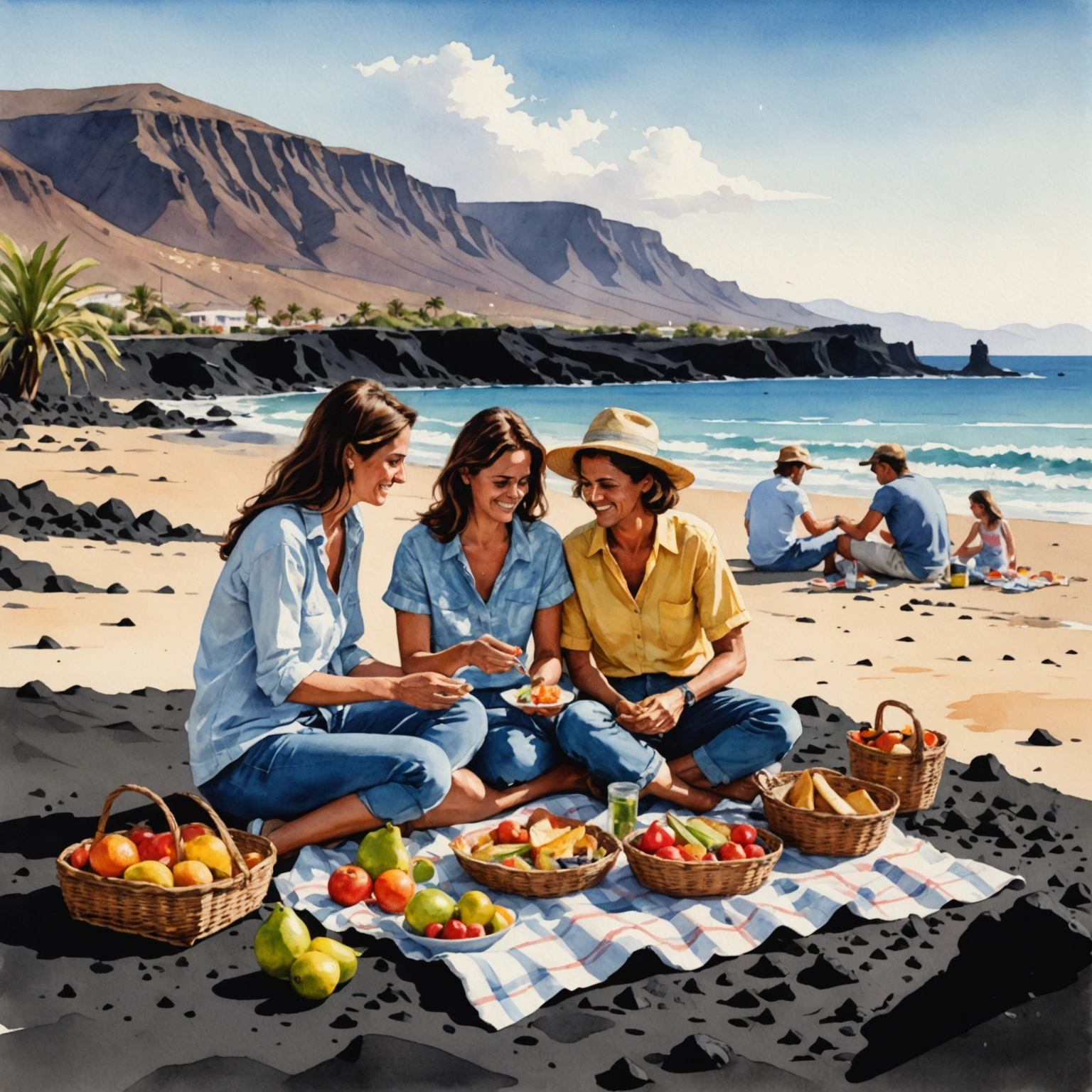 Famille canarienne pique-niquant sur la plage de sable noir de Playa Jardín, Tenerife, avec panier en osier et vue sur l'océan.