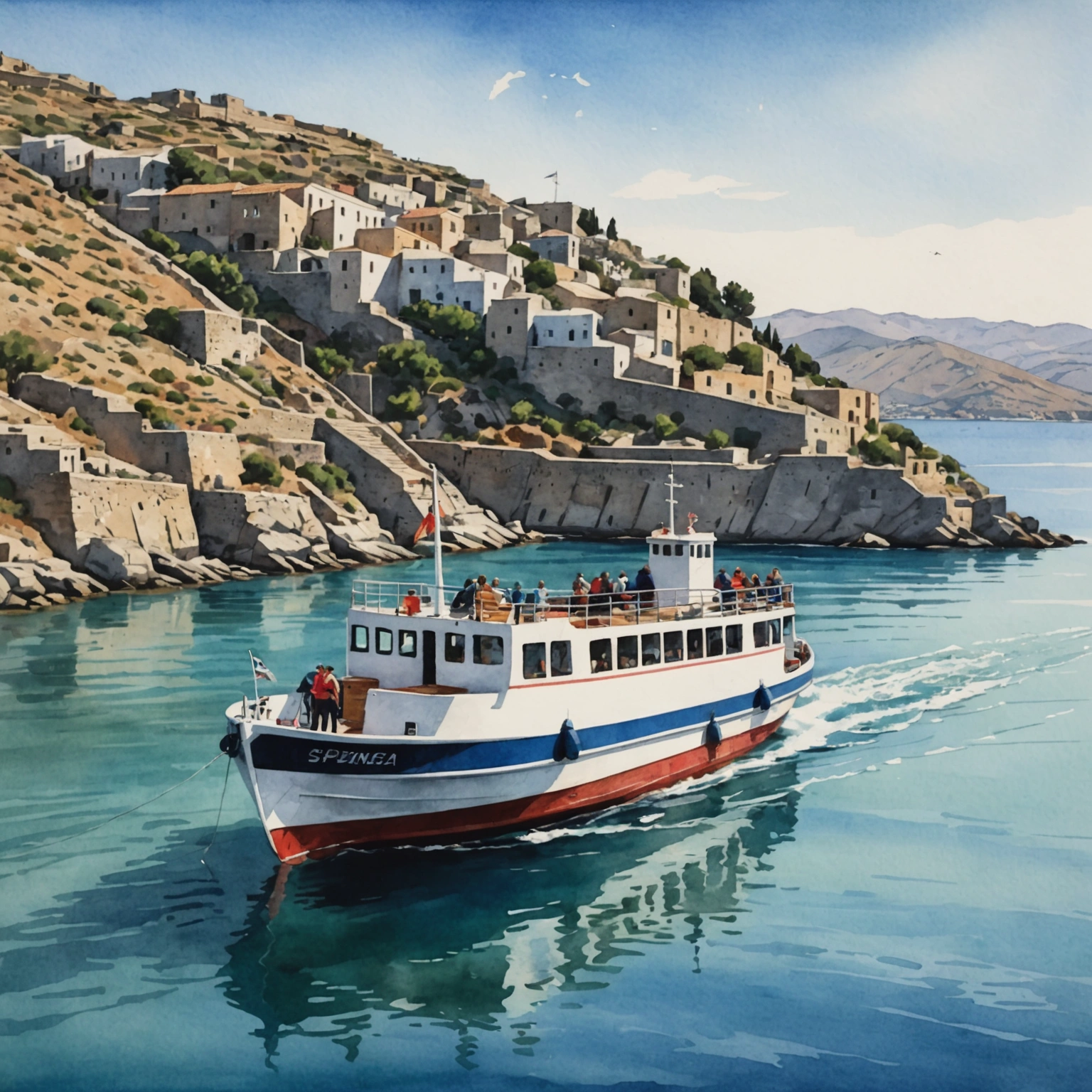 Ferry blanc naviguant vers Spinalonga sous un ciel bleu, avec des eaux cristallines et des collines crètoises en arrière-plan