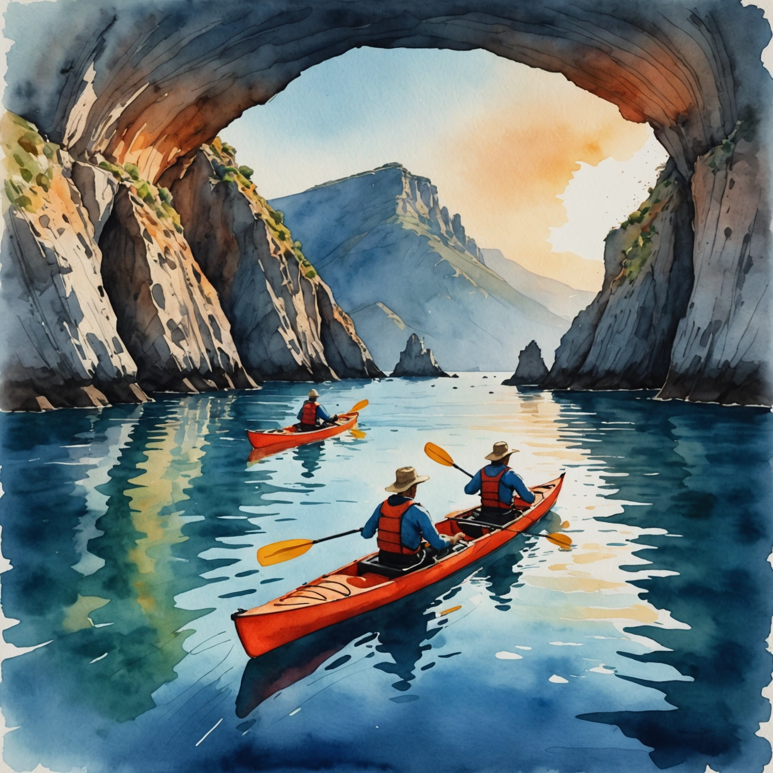 Kayakistes explorant la Grotta del Cavallo à Vulcano au coucher du soleil, eaux turquoise et falaises