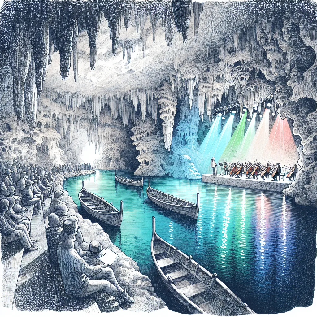 Barques illuminées sur le lac Martel pendant un concert classique dans les grottes du Drach, Majorque