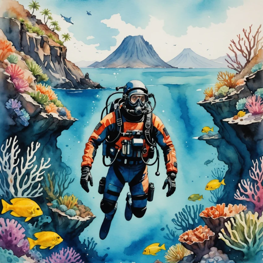 Plongée à Tenerife : un plongeur explore un récif volcanique entouré de poissons tropicaux et de tortues vertes, avec les falaises de Los Gigantes en arrière-plan.