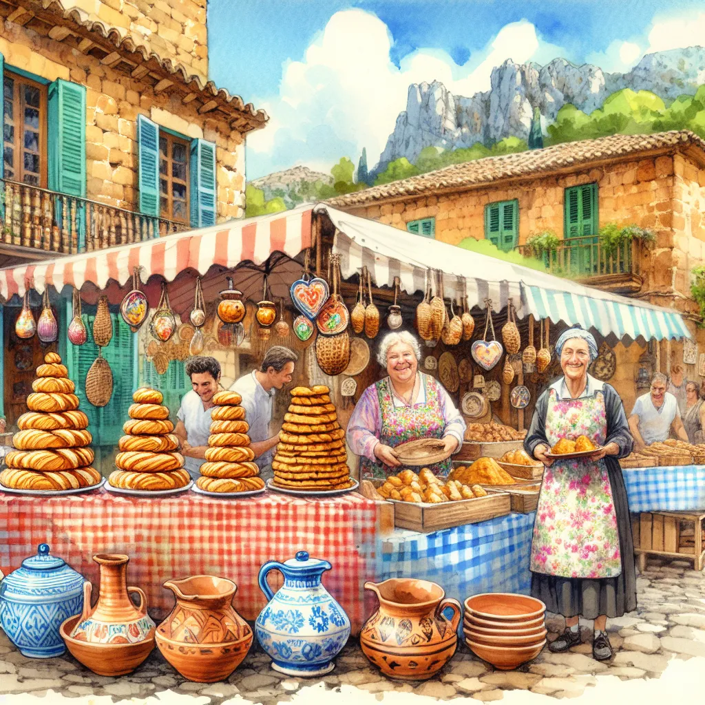 Étals colorés du marché de Valldemossa avec ensaimadas dorées et poteries traditionnelles majorquines