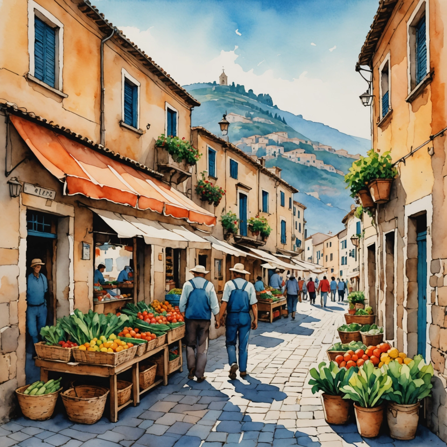 Étals colorés d'un marché fermier à Alicudi avec fromages de chèvre et pots de miel local sous le soleil matinal