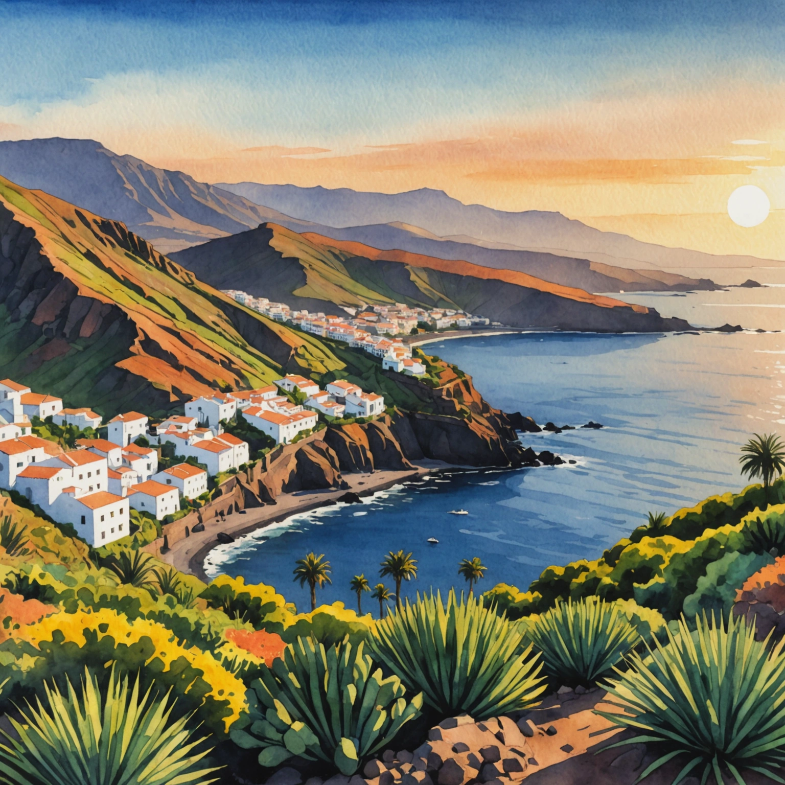 Coucher de soleil au Mirador de Abrante avec vue sur les terrasses du Valle Gran Rey et l'océan Atlantique.