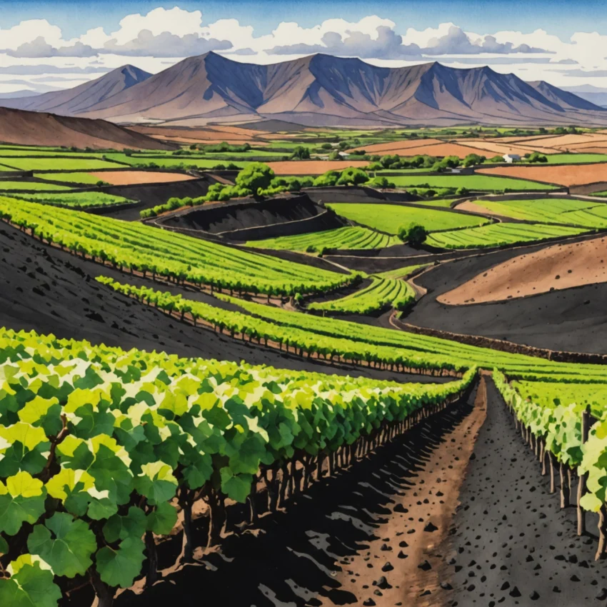 Vignobles en terrasses sur un sol volcanique noir aux Canaries, avec l'océan bleu en arrière-plan et des murs de pierre pour protéger les ceps.