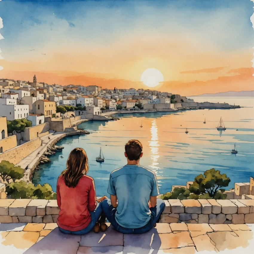 Couple sur un balcon d'hôtel à Héraklion avec vue sur la mer Égée au coucher du soleil, table dressée pour un dîner romantique