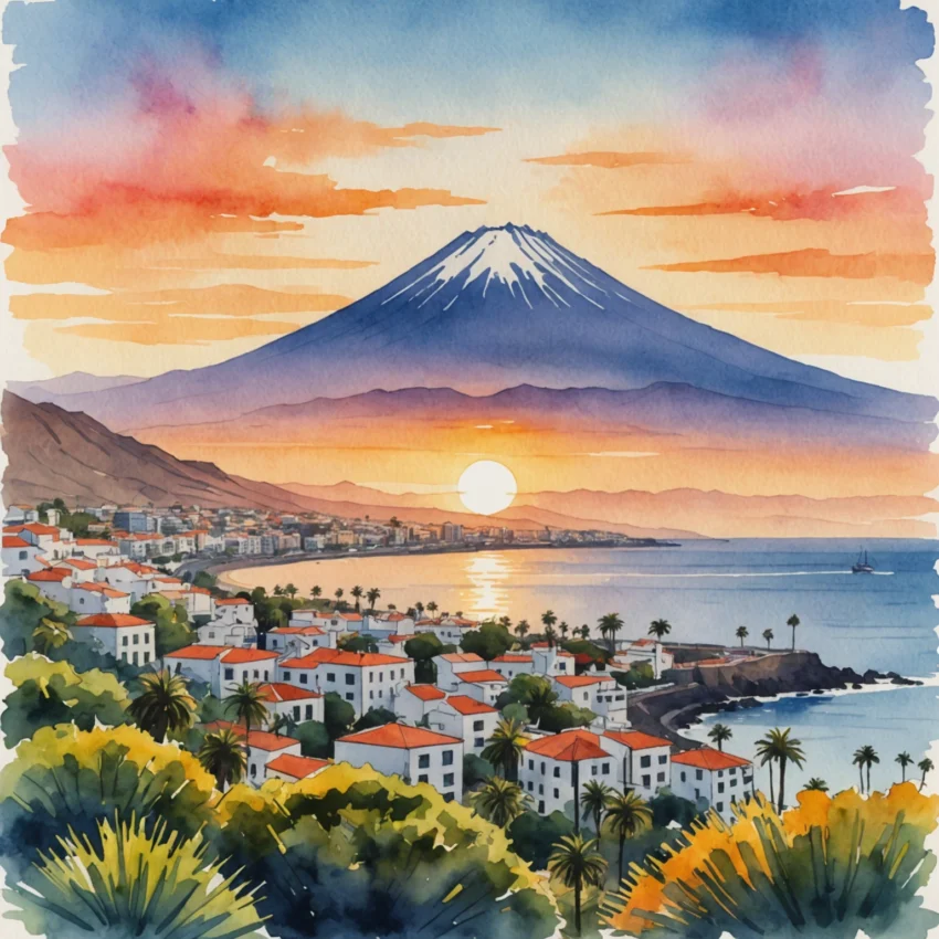 Coucher de soleil sur Puerto de la Cruz avec le Teide en arrière-plan et des hébergements en bord de mer éclairés par des lanternes