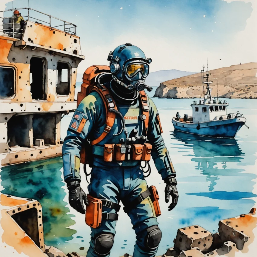 Plongée sous-marine à Sitia en Crète : plongeur explorant l'épave du MV Dionysios près d'une grotte sous-marine éclairée par le soleil