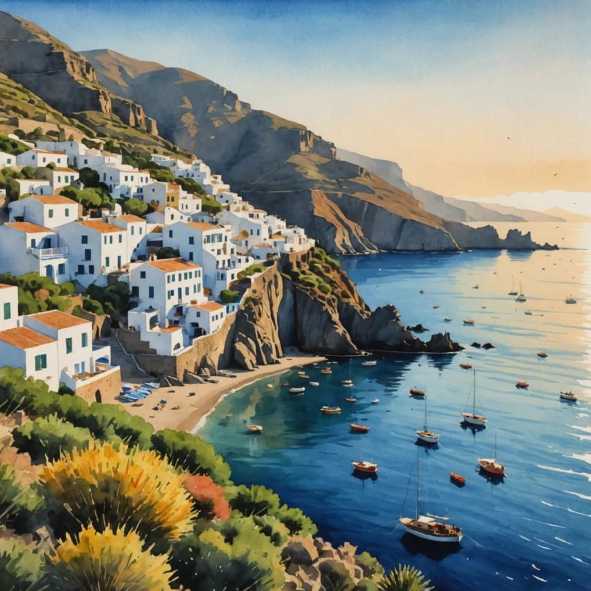 Crépuscule sur Cala Junco à Panarea : falaises ocre, eau turquoise et rochers volcaniques baignés de lumière dorée