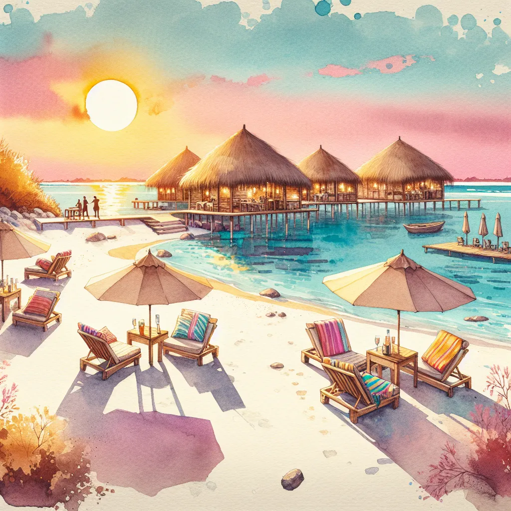 Chiringuitos en bois sur la plage d’Es Trenc au coucher du soleil, avec parasols et transats alignés