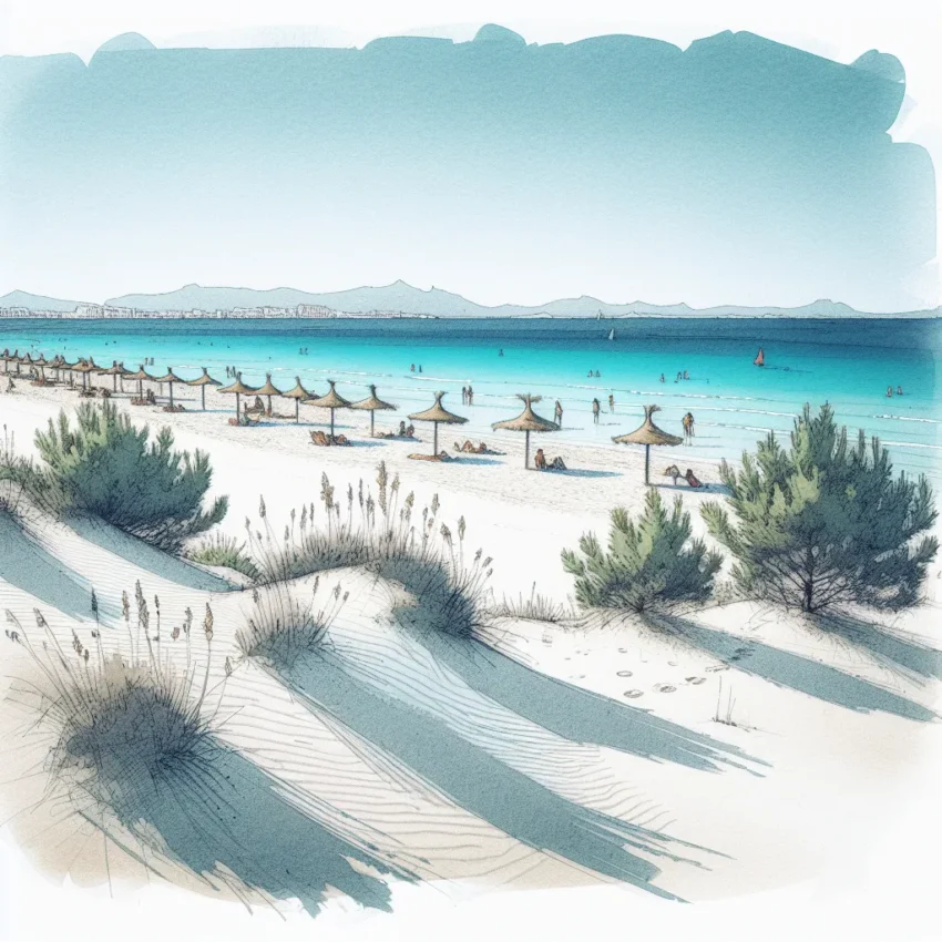 Plage d’Es Trenc à Majorque avec ses dunes dorées et ses eaux turquoise transparentes, vue depuis les pins parasols clairsemés.