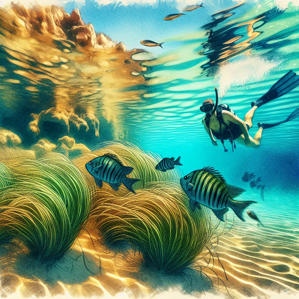 Plongée en snorkeling à Cala Macarella avec des poissons sargo parmi les herbiers de posidonie