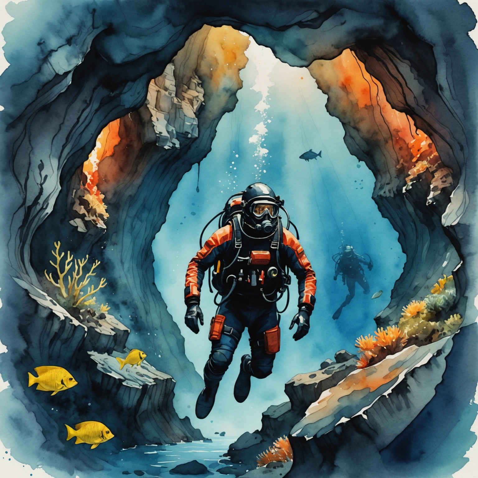 Plongeur équipé explorant une grotte sous-marine près des falaises de Los Gigantes, Tenerife, entouré de poissons tropicaux.