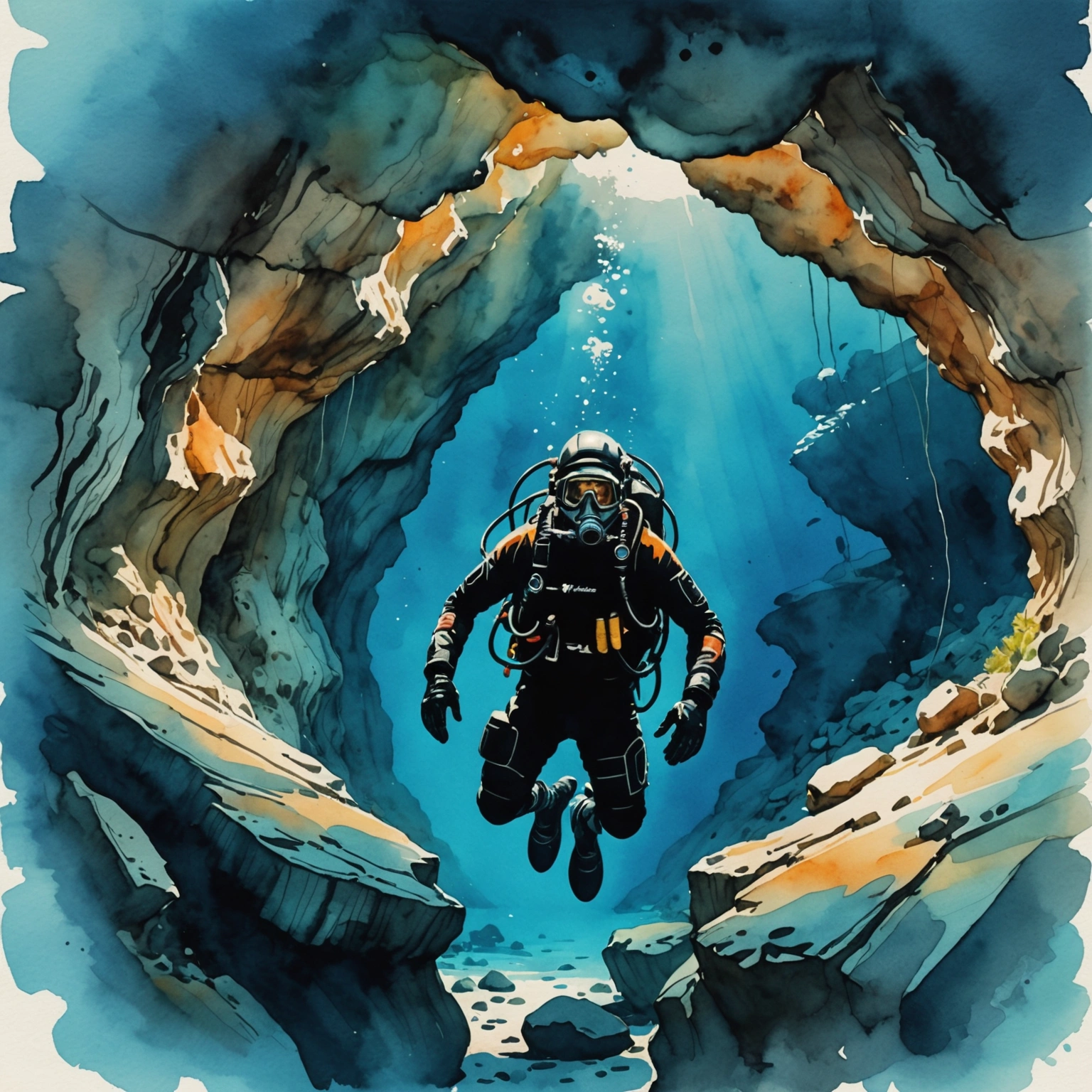 Plongeur explorant la grotte sous-marine de Trypiti à Sitia, Crète, avec jeu de lumière naturelle