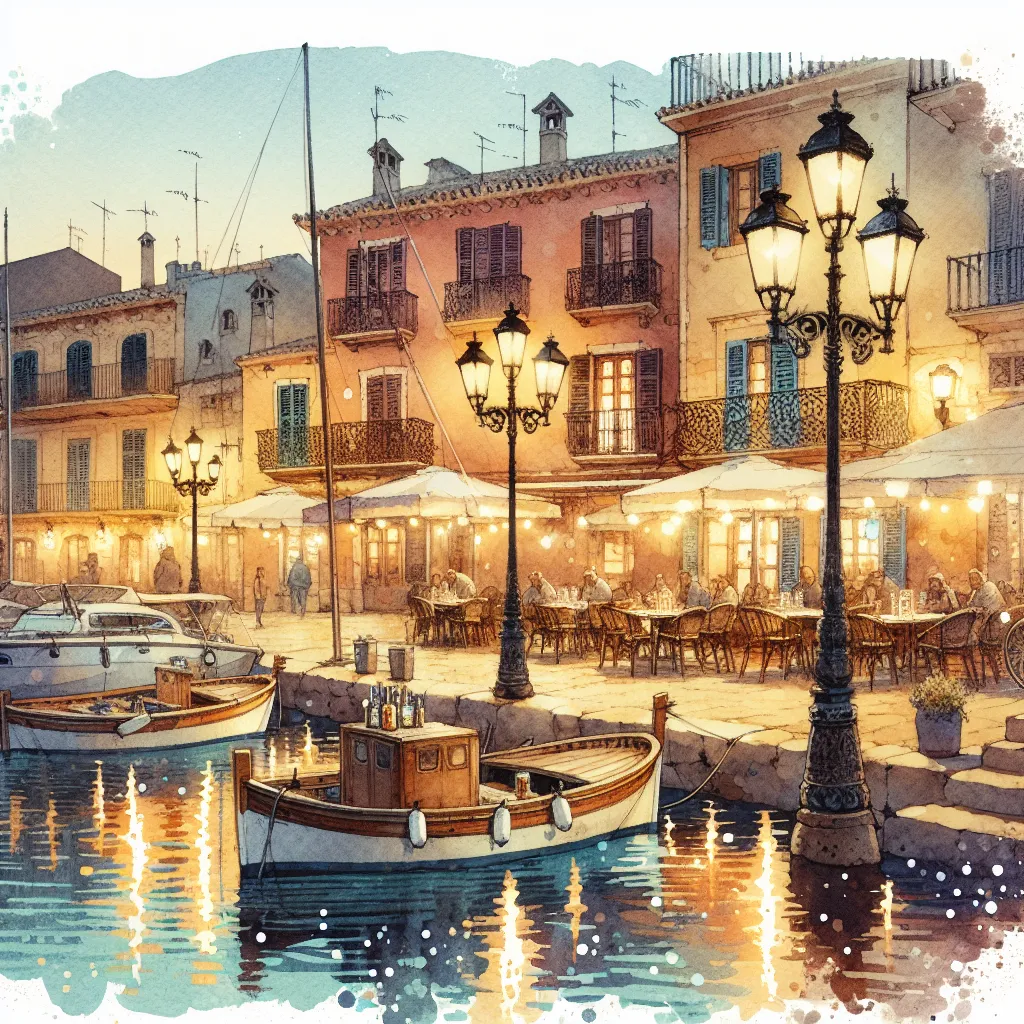 Port de Ciutadella la nuit avec des bateaux traditionnels éclairés par des lanternes dorées