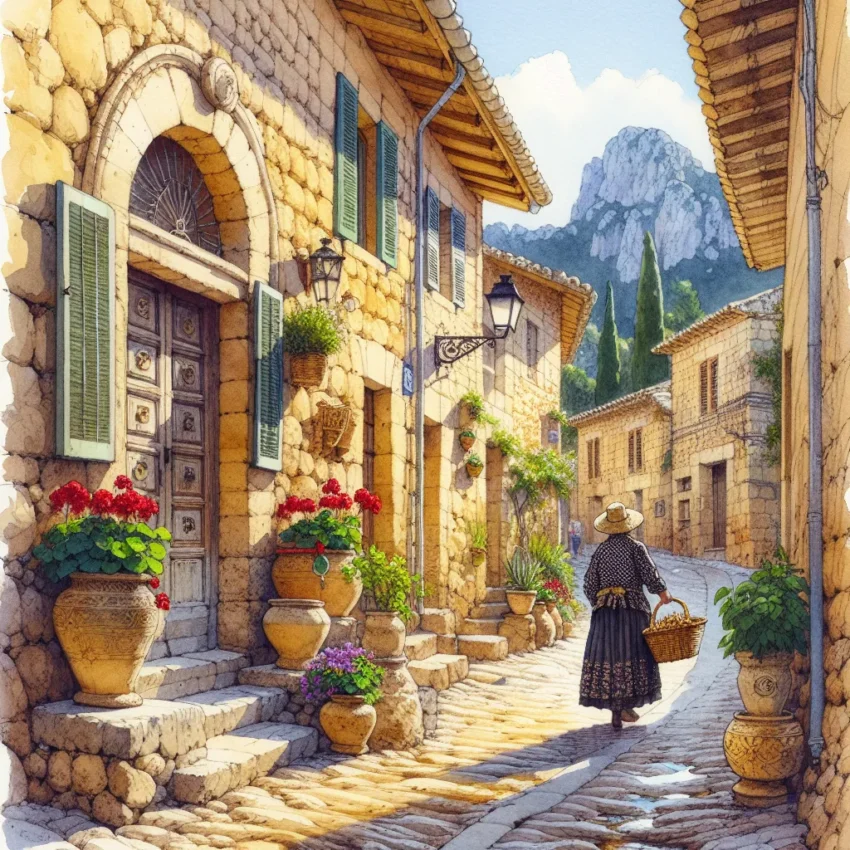 Ruelle pavée de Valldemossa bordée de pots de géraniums rouges, avec la Sierra de Tramuntana en arrière-plan sous un ciel bleu intense.