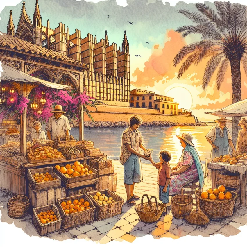 Cathédrale de Palma illuminée par le soleil couchant, avec en premier plan un marché coloré et des habitants discutant devant des étals de produits locaux.
