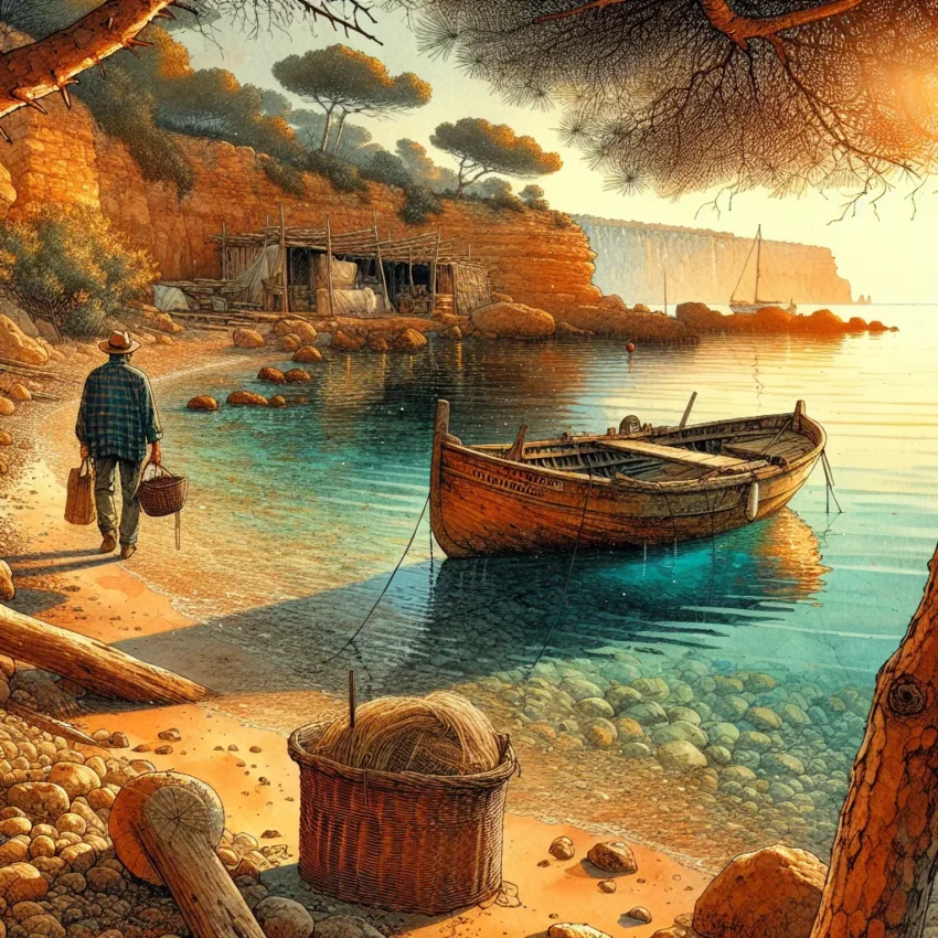 Crique isolée d'Ibiza près d'Eivissa avec eaux turquoise, falaises ocre et barque de pêcheur en bois