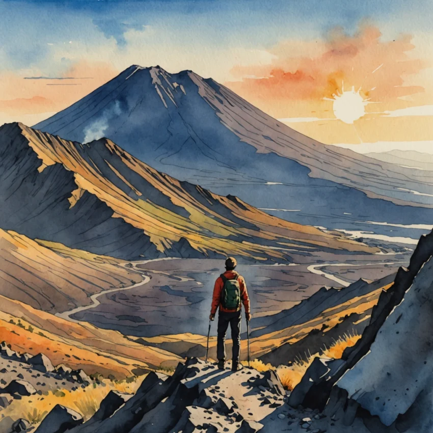 Randonneur au sommet du Stromboli au coucher de soleil, avec éruptions de lave et vue sur la mer Égée